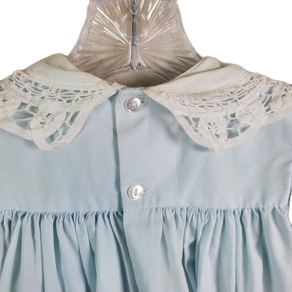 Peaches N Cream Vtg Blue Girls Dress White Collar Eyelet Trim Sz 4T Bib Cottage - Picture 8 of 11